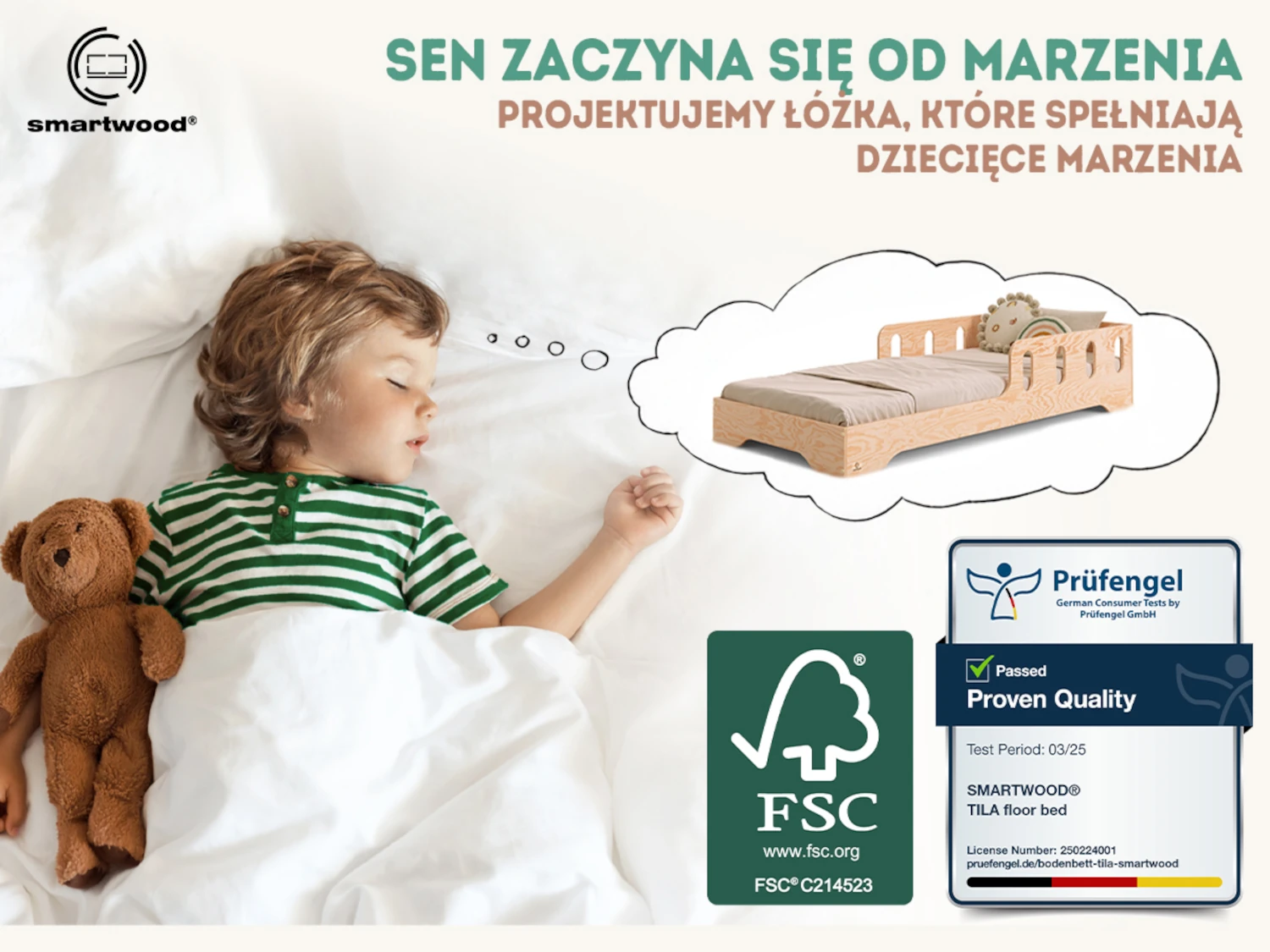 Łóżko pojedyncze dla dzieci z barierką i stelażem TILA 6 Montessori Drewniane