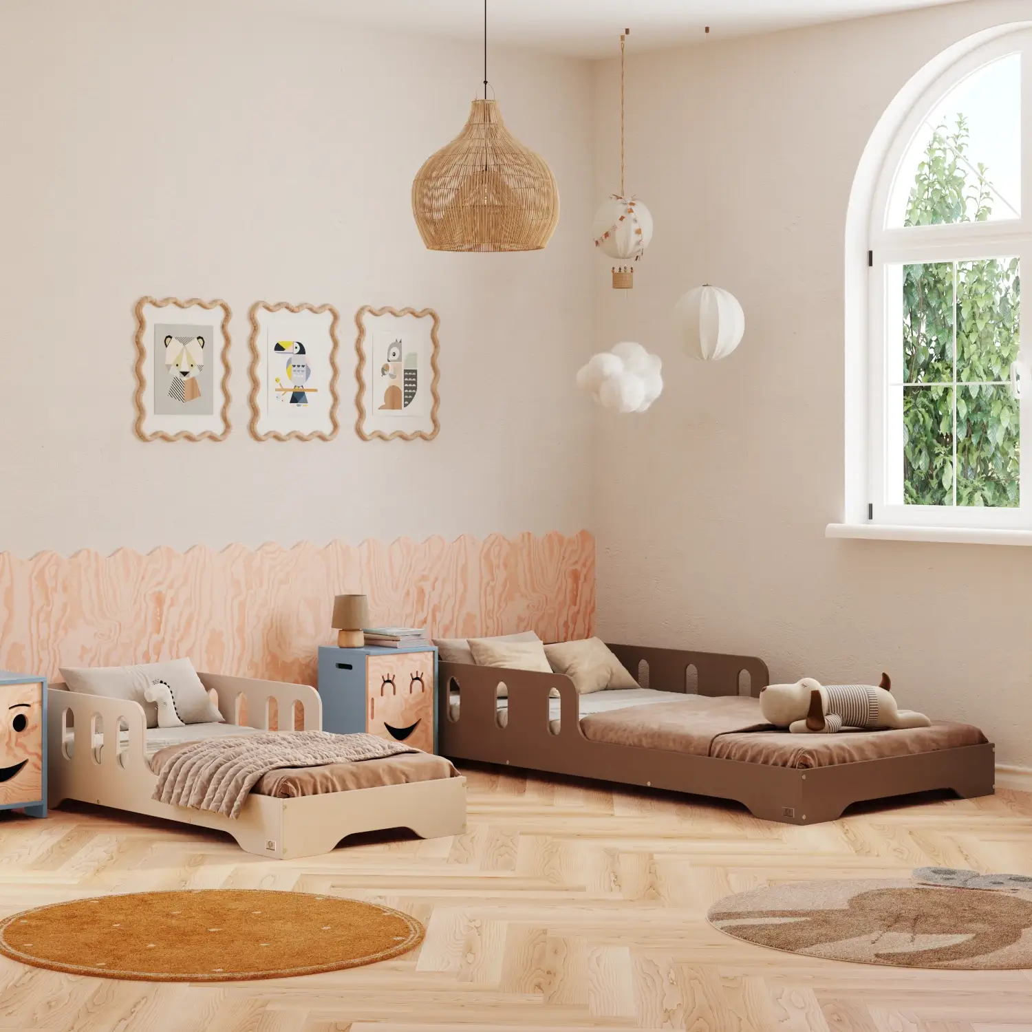 Łóżko pojedyncze dla dzieci z barierką i stelażem TILA 6 Montessori Drewniane