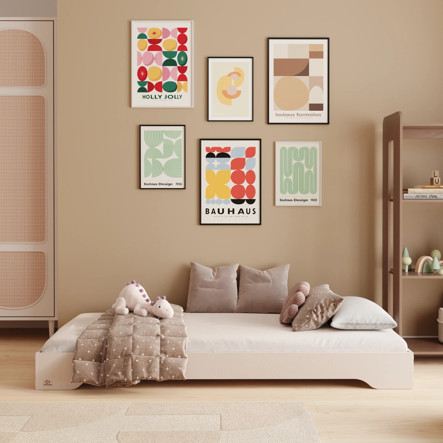 Łóżko pojedyncze dla dzieci podłogowe ze stelażem TILA 7 Montessori Drewniane Kaszmirowe