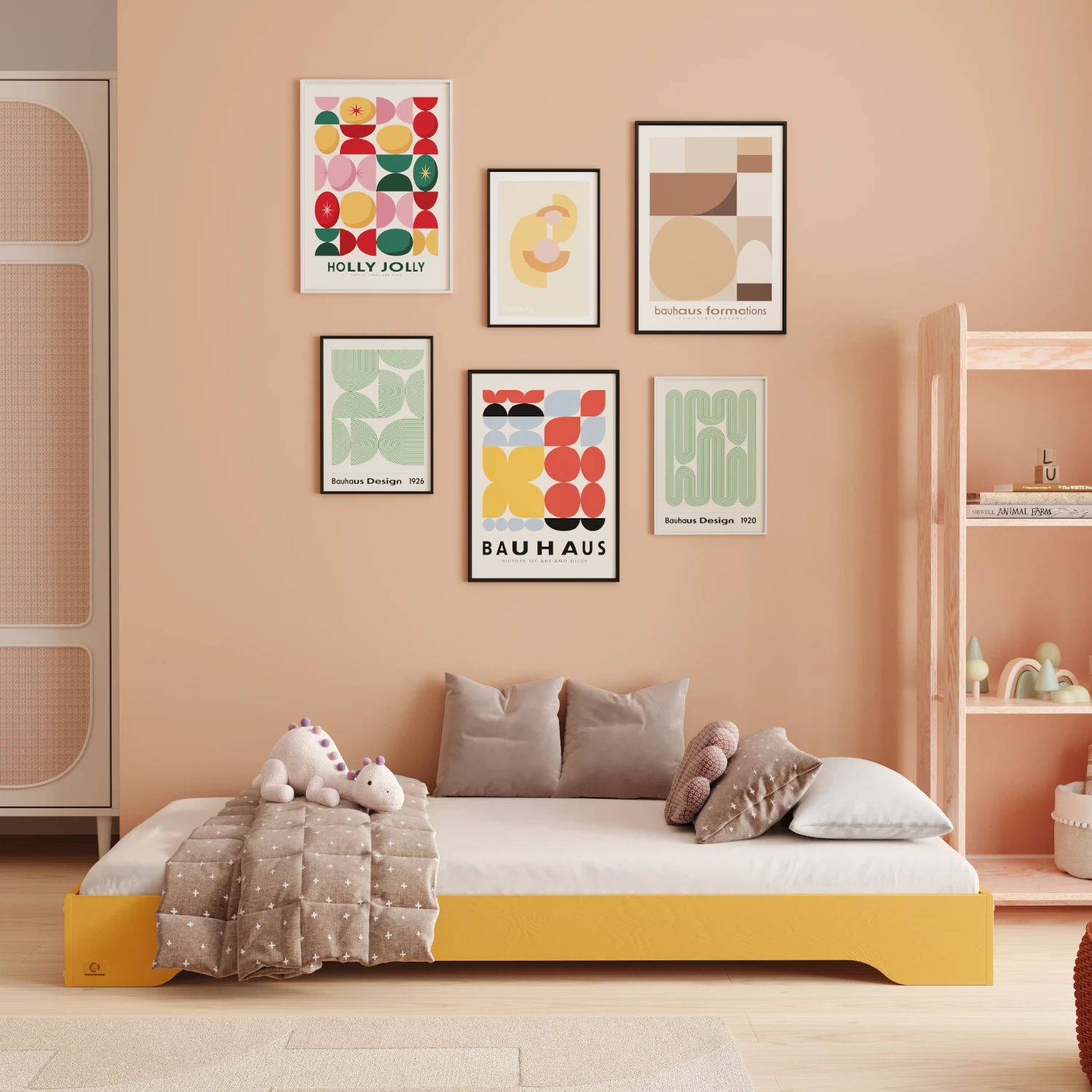 Łóżko pojedyncze dla dzieci podłogowe ze stelażem TILA 7 Montessori Drewniane Musztardowe