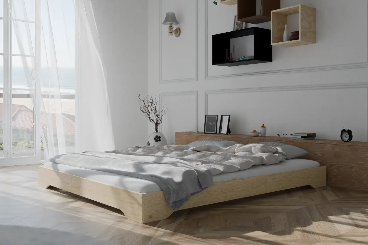 Łóżko pojedyncze dla dzieci podłogowe ze stelażem TILA 7 Montessori Drewniane XL