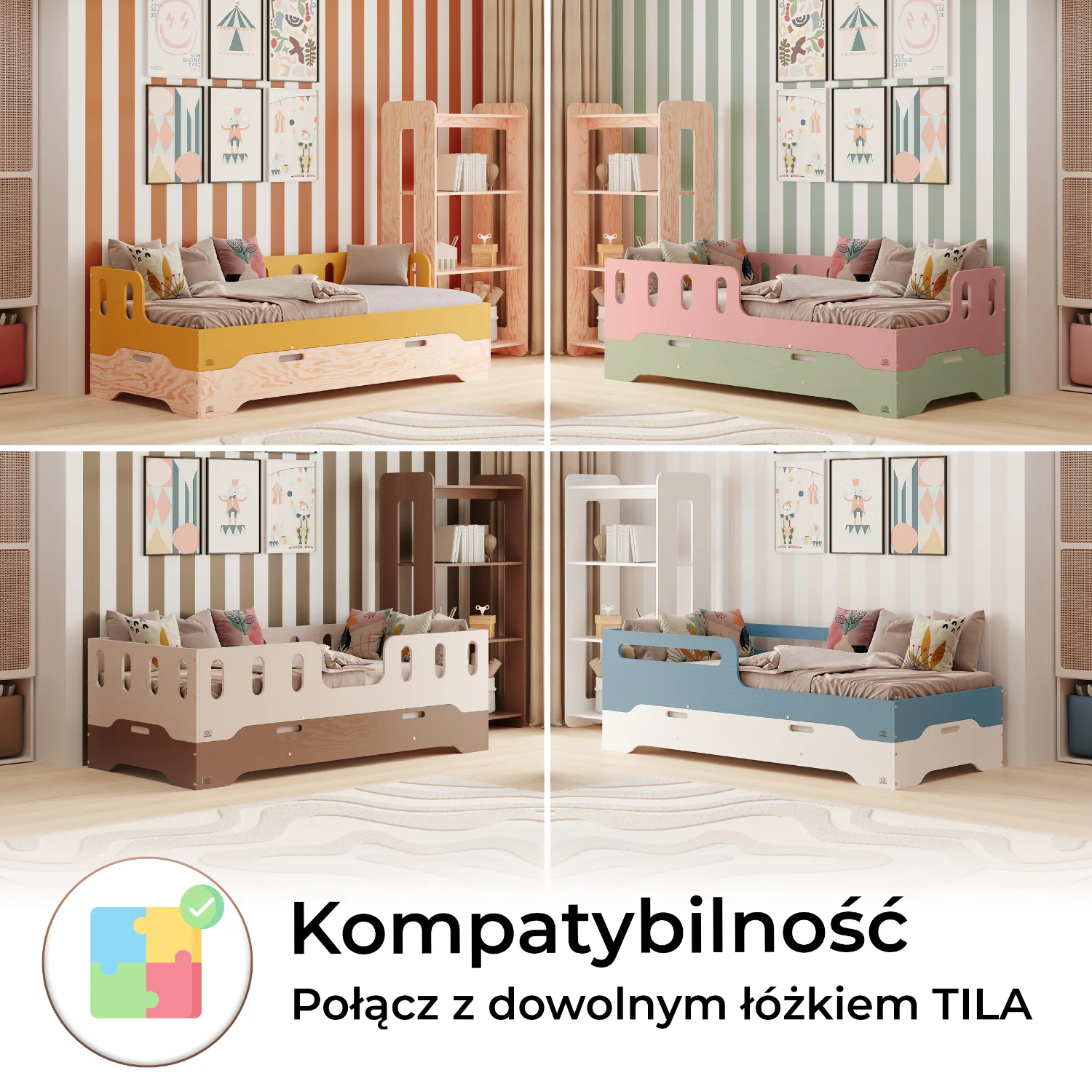 Łóżko pojedyncze dla dzieci podłogowe ze stelażem TILA 8 Montessori Drewniane