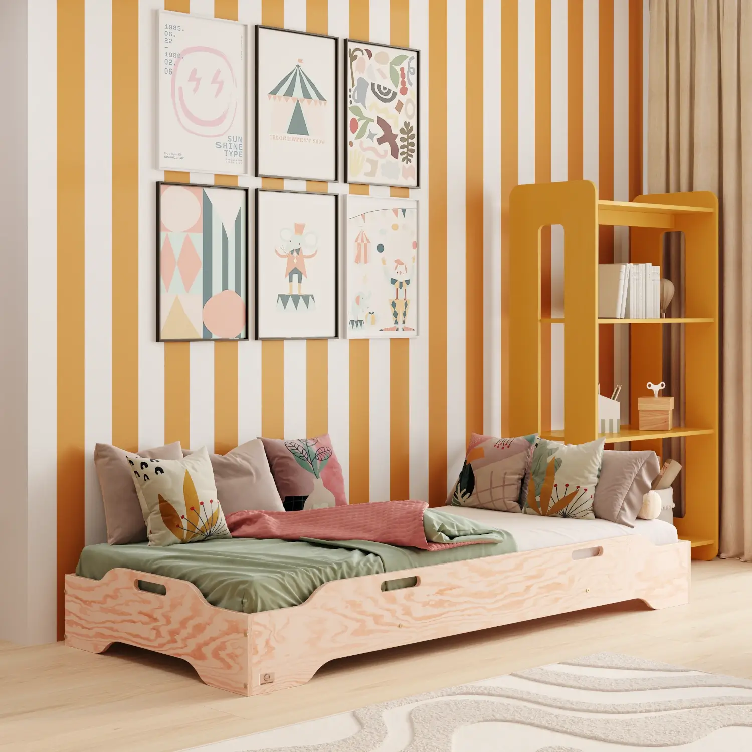 Łóżko pojedyncze dla dzieci podłogowe ze stelażem TILA 8 Montessori Drewniane