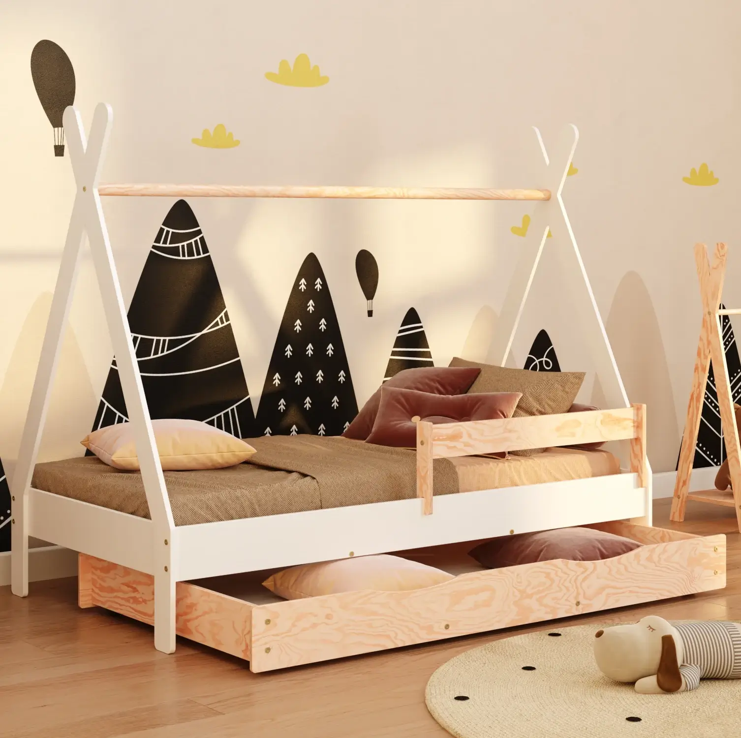 Łóżko domek dla dziecka z szufladą, barierką i stelażem TIPI D Montessori Drewniane Białe