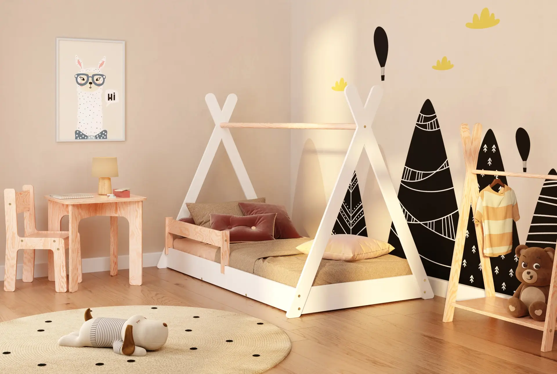 Łóżko domek podłogowe z barierką i stelażem TIPI F Montessori Drewniane Białe