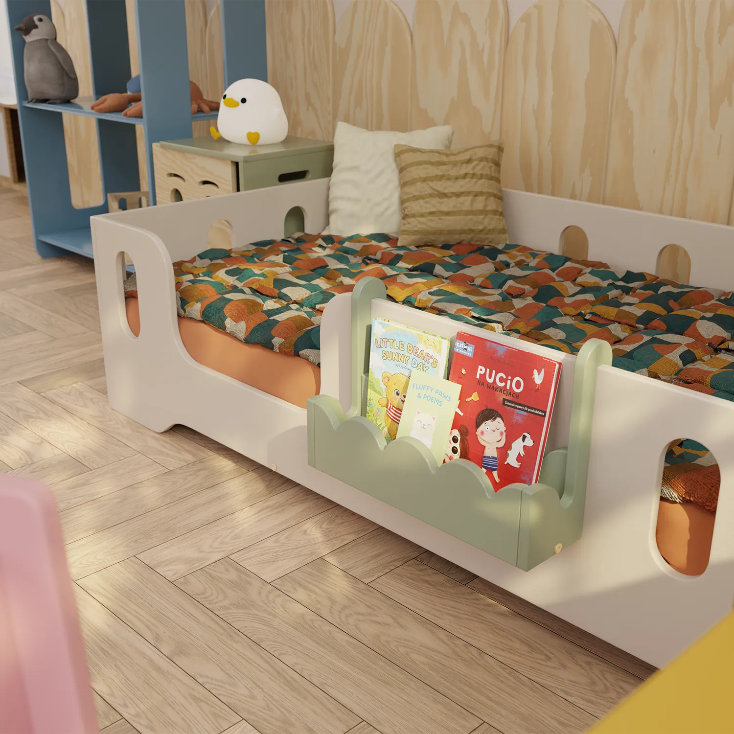 Biblioteczka z próbkami kolorów SmartWood - 12 odcieni drewnianych wykończeń ułożonych na półce.