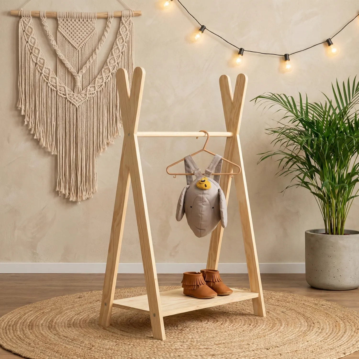 Wieszak na ubrania dla dzieci z półką na buty TIPI Montessori Drewniany