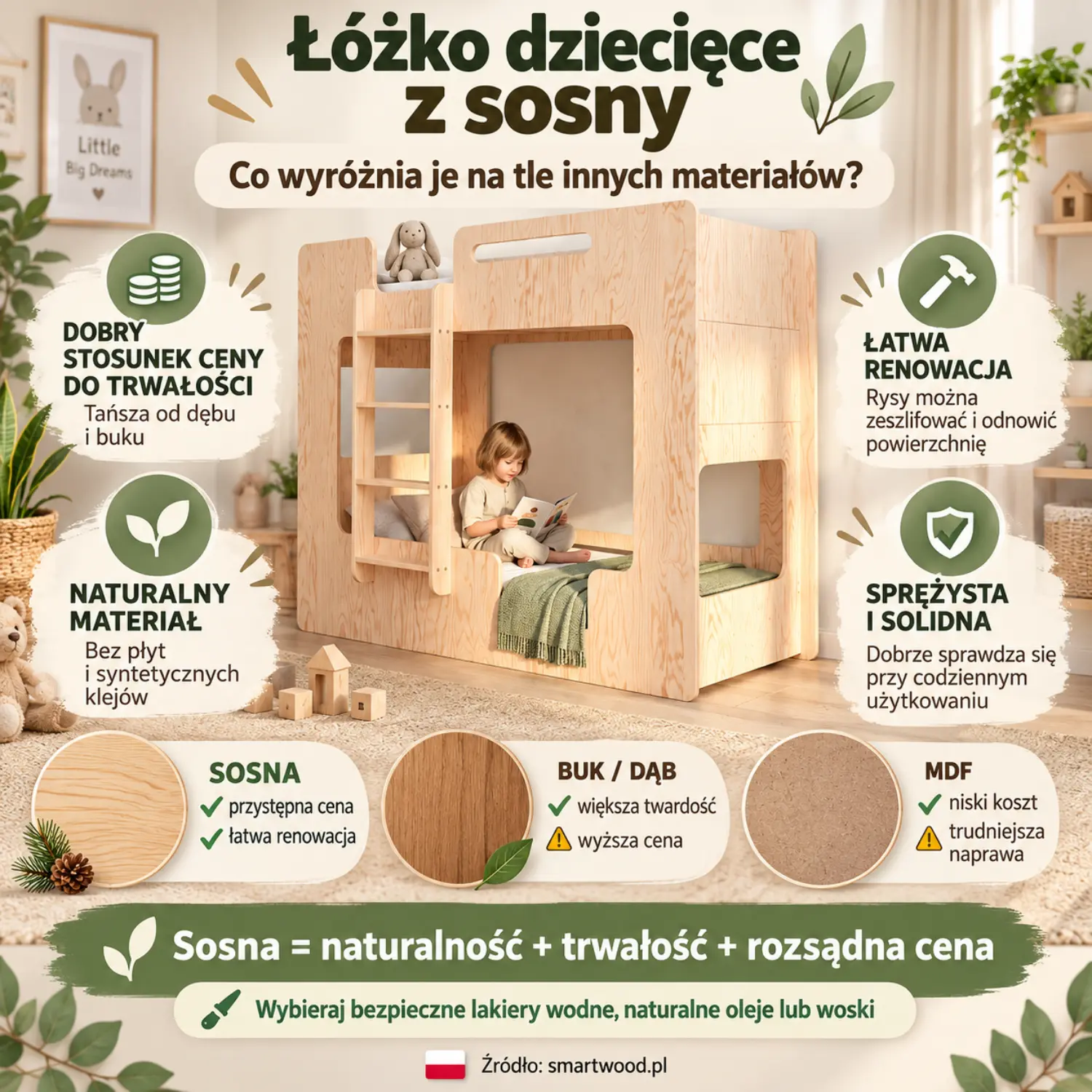 Infografika: łóżko dziecięce ze sklejki sosnowej - stosunek ceny do trwałości, łatwa renowacja, solidność i porównanie z bukiem, dębem oraz MDF.